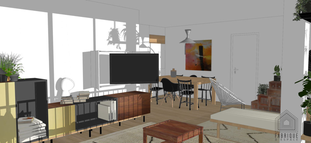 Salon TV -meuble ouvert avec écran dirigé vers le salon - Bras articulé - Rénovation appartement Boulogne-Billancourt