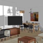 Salon TV -meuble ouvert avec écran dirigé vers le salon - Bras articulé - Rénovation appartement Boulogne-Billancourt